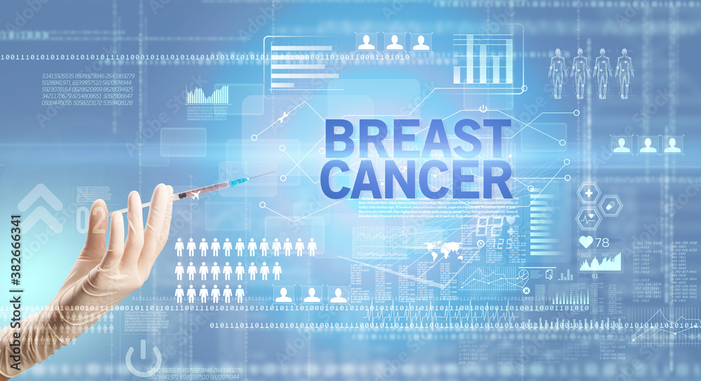 Close-up view of doctor's hand in a white glove holding syringe with BREAST CANCER inscription, healthcare and medical concept Close-up view of doctor's hand in a white glove holding syringe with BREAST CANCER inscription, healthcare and medical concept