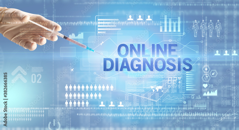 Close-up view of doctor's hand in a white glove holding syringe with ONLINE DIAGNOSIS inscription, healthcare and medical concept Close-up view of doctor's hand in a white glove holding syringe with ONLINE DIAGNOSIS inscription, healthcare and medical concept