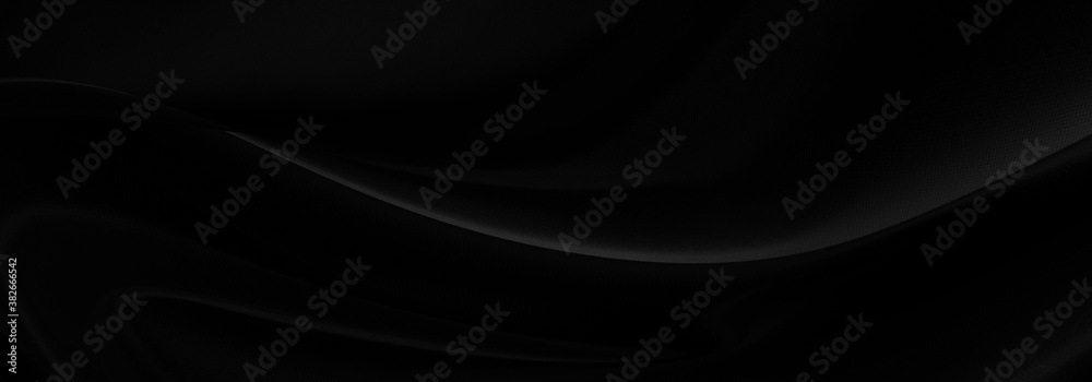 Black gray satin dark fabric texture luxurious shiny that is abstract silk cloth panorama background with patterns soft waves blur beautiful.