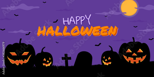 Halloween pumpkins silhouette  bats and full moon on violet background. Halloween landscape. illustration