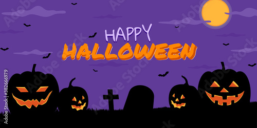 Halloween pumpkins silhouette, bats and full moon on violet background. Halloween landscape. illustration