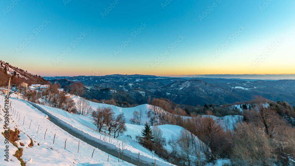 Winter sunset in the hills of Slovenia