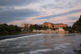 View Philadelphia Museum of Art and Fairmount Water Works by Schuylkill River under sunset in Philadelphia  Pennsylvania, USA 