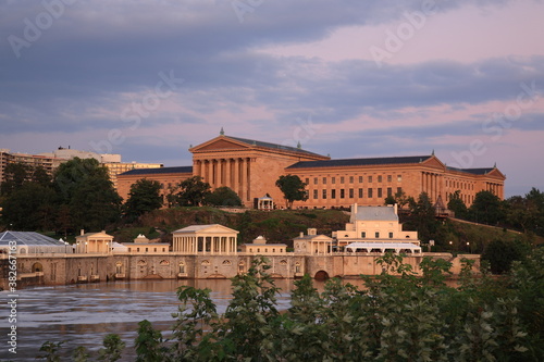 View Philadelphia Museum of Art and Fairmount Water Works by Schuylkill River under sunset in Philadelphia  Pennsylvania, USA 