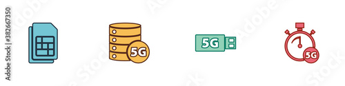 Set Sim card, Server 5G network, modem and Digital speed meter icon. Vector.