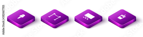 Set Isometric Microphone, Rope barrier, Cinema auditorium with seats and Paper glass water icon. Vector.