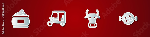 Set Indian spice, Taxi tuk tuk, Cow and Chicken tikka masala icon. Vector.