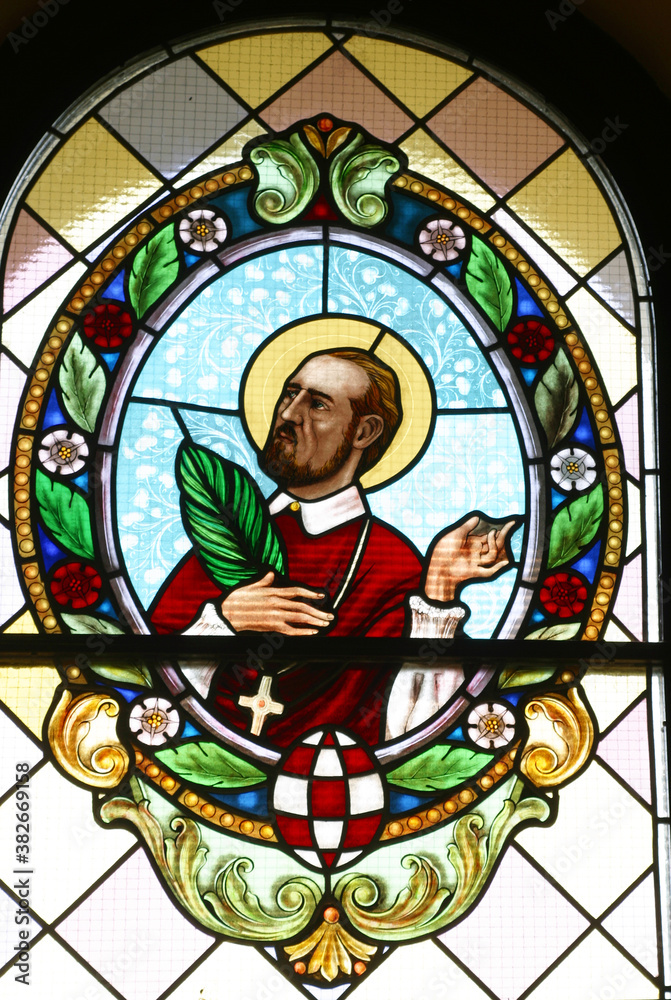 Saint Marko Krizin, stained glass window at St. Andrew's Church in Laz, Croatia