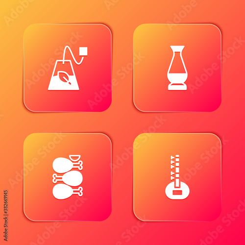 Set Tea bag, Indian vase, Tandoori chicken and Sitar icon. Vector.