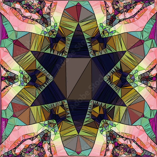 low polygon abstract mosaic flower in pink and dark blue shades with long shadow effect