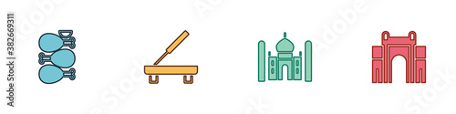 Set Tandoori chicken, Scented spa stick, Taj Mahal and India Gate in Delhi icon. Vector.