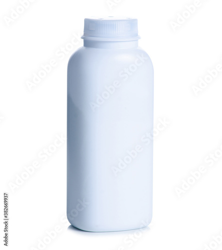 White bottle with baby powder cosmetic on white background isolation