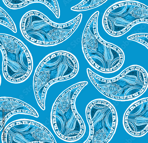 Paisley seamless pattern. Hand made painting. Blue winter floral geometry watercolor illustration on blue background for textile, wrapping