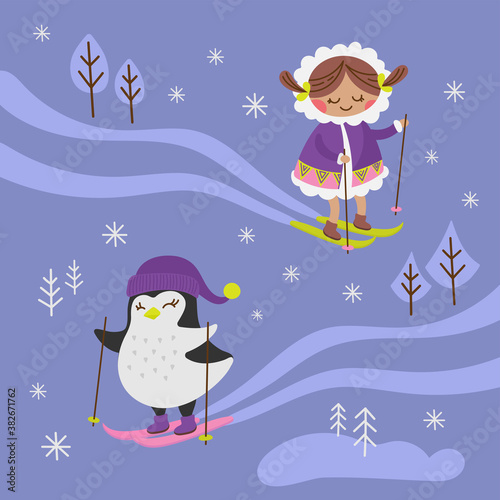 ARCTIC FANTASY Winter Girl Penguin Vector Illustration Set