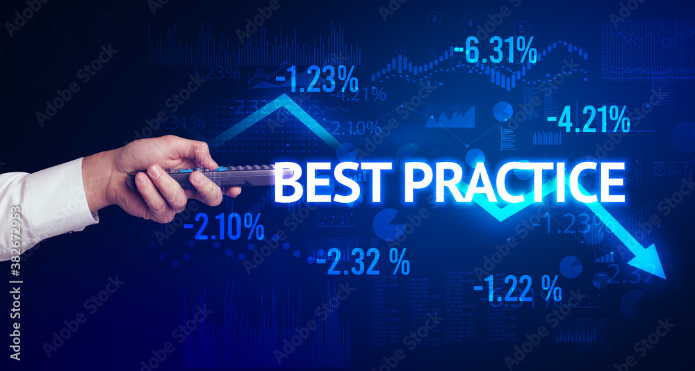 male hand holding wireless peripheral with BEST PRACTICE inscription, modern business concept male hand holding wireless peripheral with BEST PRACTICE inscription, modern business concept