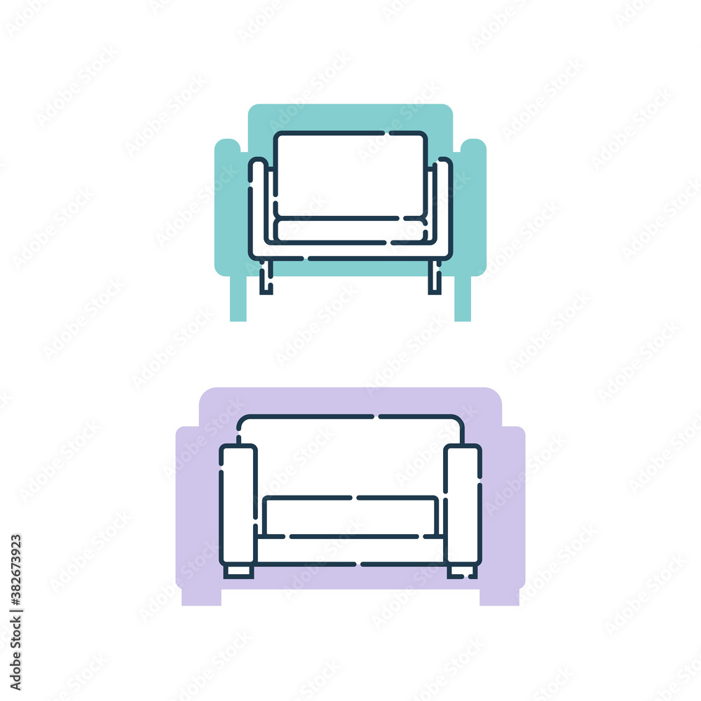 Two comfortable sofa with pillows. Flat illustration with settee on shape background. Modern stylish object for relaxation. Image of couch in line art style. Element furniture of the interior Two comfortable sofa with pillows. Flat illustration with settee on shape background. Modern stylish object for relaxation. Image of couch in line art style. Element furniture of the interior