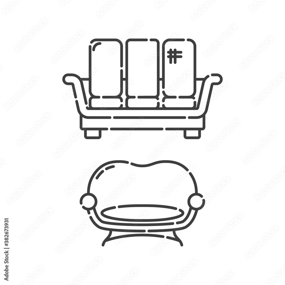 Comfortable sofa with three pillow. Two modern stylish object for relaxation. Image of couch in line art style. Element furniture of the interior. Flat illustration with settee on white background Comfortable sofa with three pillow. Two modern stylish object for relaxation. Image of couch in line art style. Element furniture of the interior. Flat illustration with settee on white background