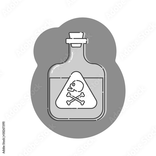 Bottle poison with skull in profile for concept design. Dangerous container. Potion beverage medical concept. Chemistry addiction icon. Venom, danger symbol. Isolated flat illustration