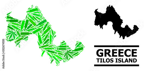 Drugs mosaic and solid map of Tilos Island. Vector map of Tilos Island is shaped of random vaccine symbols, addict and drink bottles. Abstract territory scheme in green colors for map of Tilos Island.