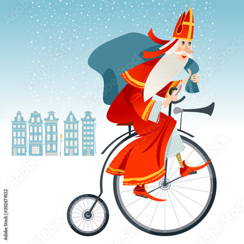 Santa Claus (Sinterklaas) on a vintage bicycle with a bag of gifts. Christmas in Holland.