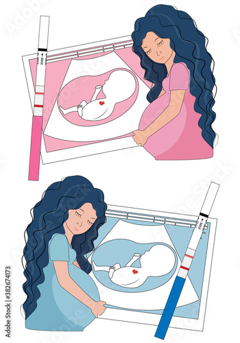 Pregnant women, ultrasound of unborn baby, pregnancy test, vector illustration.