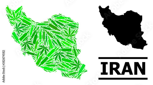 Drugs mosaic and usual map of Iran. Vector map of Iran is formed of random vaccine doses, narcotic and alcohol bottles. Abstract territorial plan in green colors for map of Iran.