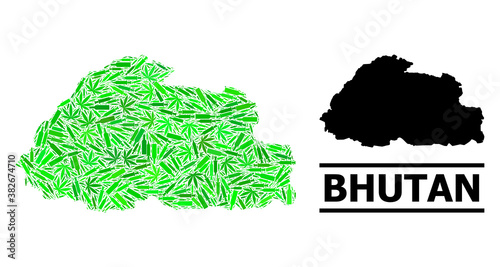 Addiction mosaic and usual map of Bhutan. Vector map of Bhutan is created from scattered inoculation icons, addict and alcoholic bottles. Abstract geographic scheme in green colors for map of Bhutan.
