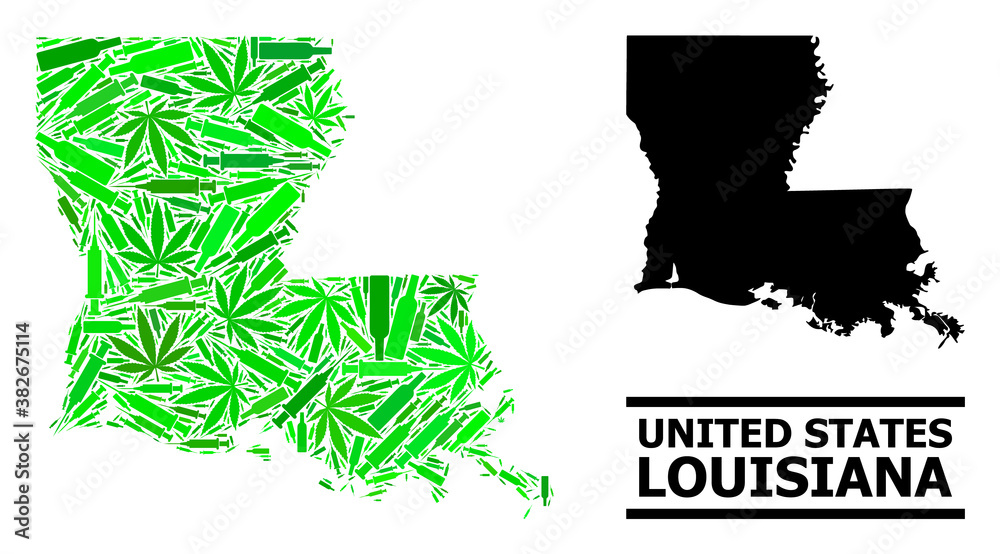 Addiction mosaic and usual map of Louisiana State. Vector map of Louisiana State is made from random inoculation icons, addict and drink bottles.