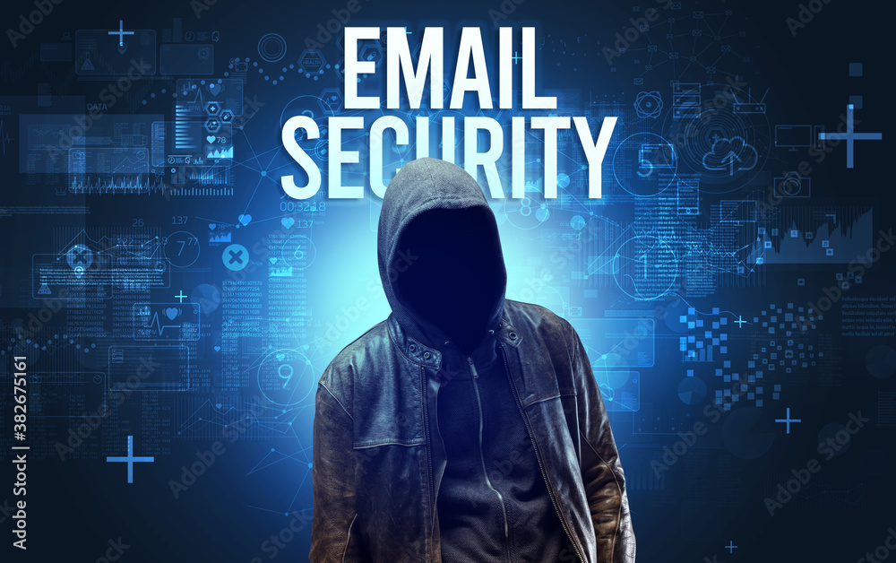 Faceless man with EMAIL SECURITY inscription, online security concept Faceless man with EMAIL SECURITY inscription, online security concept