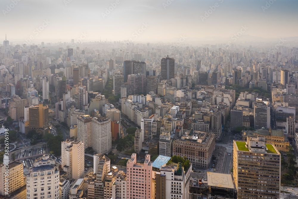 Fototapeta premium Sao Paulo city center at dusk, seen from above, Brazil