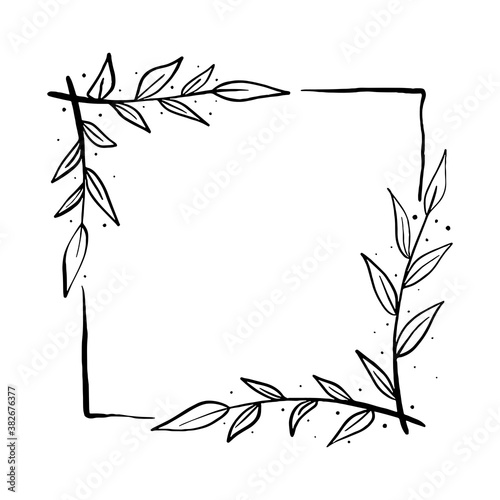 Black line square frame with leaves on 2 white silhouette for cut file. Vector illustration for decorate logo  text  wedding  greeting cards and any design.