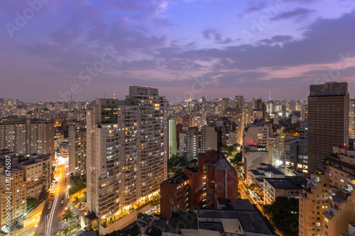 downtown Sao Paulo at dusk, seen from above, Brazil