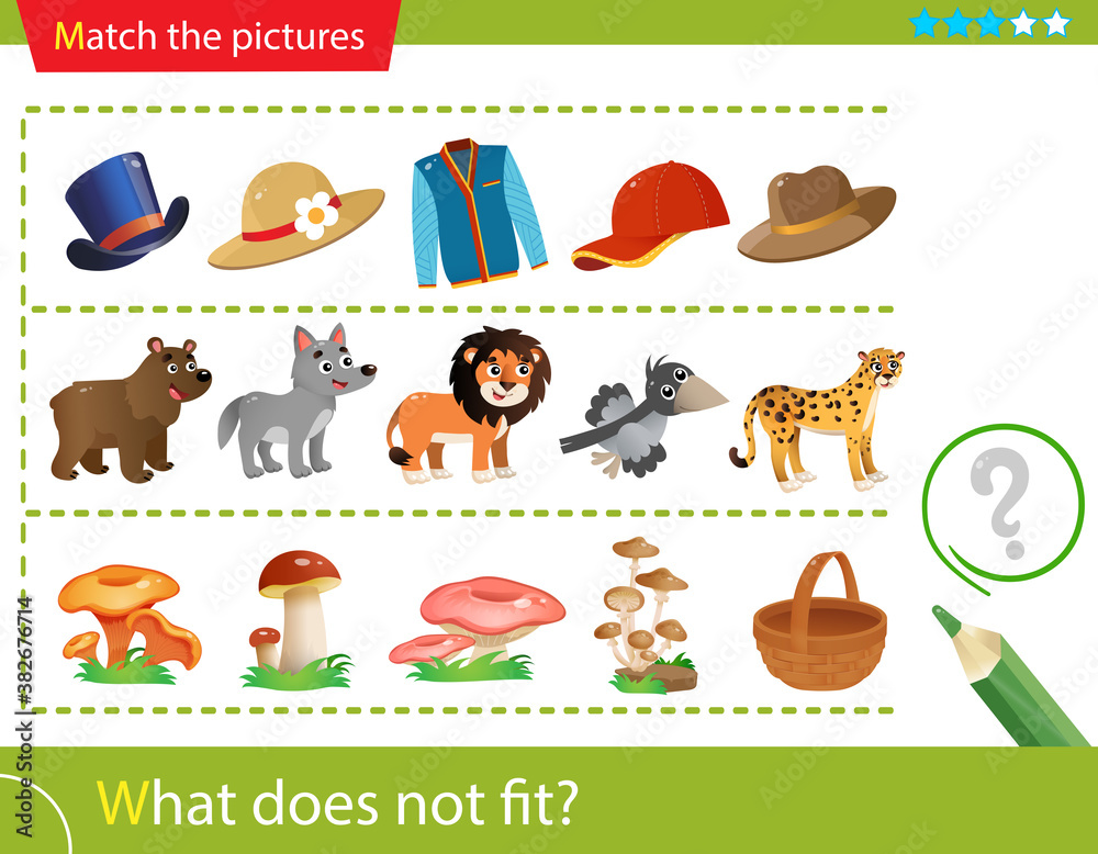 Logic puzzle for kids. What does not fit? Hats. Animals. Mushrooms. Matching  game, education game for children. Worksheet vector design for  preschoolers. Stock Vector | Adobe Stock