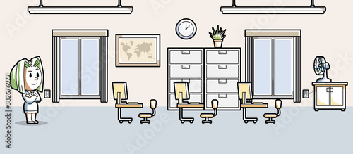 Cartoon business office background setting with computer desks