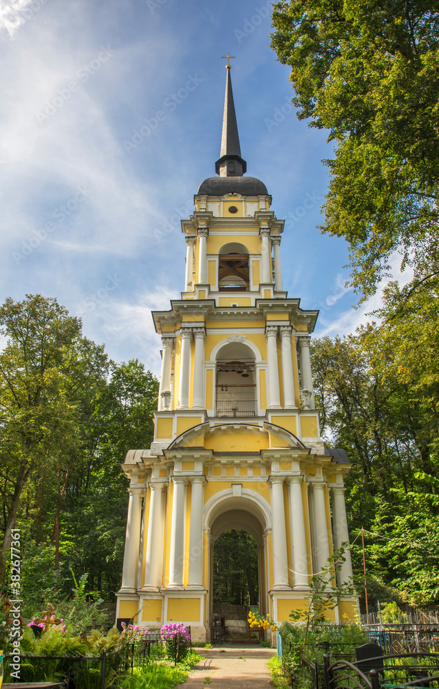 Bell tower of church of Savior Image Not Made by Hands in Voronovo village. Troitsky administrative okrug of Moscow. Russia