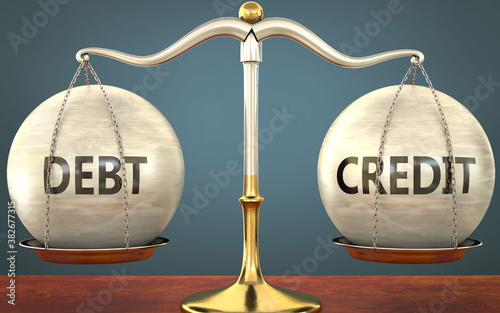 Fototapeta kuchenna debt and credit staying in balance - pictured as a metal scale with weights and labels debt and credit to symbolize balance and symmetry of those concepts, 3d illustration