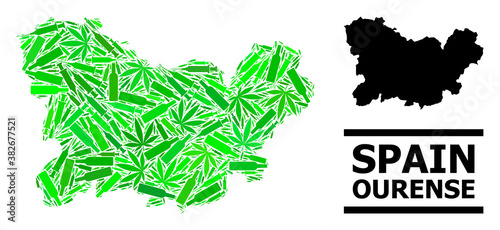 Drugs mosaic and solid map of Ourense Province. Vector map of Ourense Province is constructed from random injection needles, herb and drink bottles.