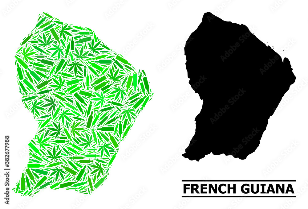 Drugs mosaic and usual map of French Guiana. Vector map of French