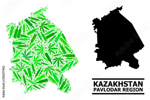 Drugs mosaic and solid map of Pavlodar Region. Vector map of Pavlodar Region is created from randomized inoculation icons, herbal and alcohol bottles.