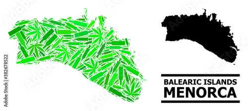 Drugs mosaic and solid map of Menorca Island. Vector map of Menorca Island is formed with randomized vaccine symbols, hemp and drink bottles.