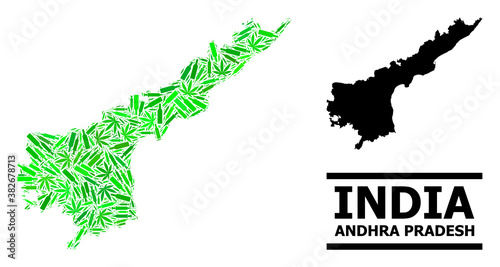 Drugs mosaic and usual map of Andhra Pradesh State. Vector map of Andhra Pradesh State is created from randomized injection needles, marijuana and alcoholic bottles.