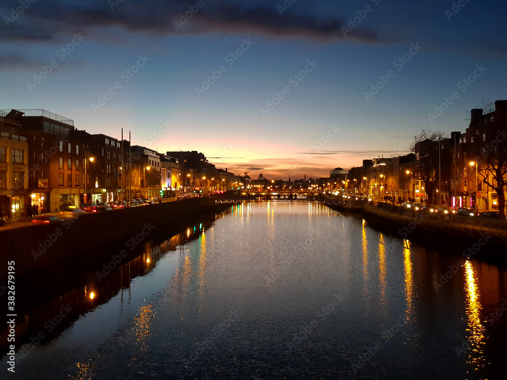 sunset over the river Liffey by the Temple Bar district