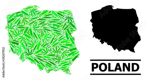 Drugs mosaic and solid map of Poland. Vector map of Poland is shaped with randomized inoculation icons, hemp and alcoholic bottles. Abstract territorial plan in green colors for map of Poland.