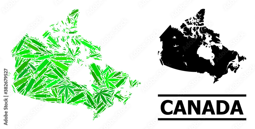Drugs mosaic and usual map of Canada. Vector map of Canada is made with randomized vaccine symbols, dope and alcohol bottles. Abstract territorial plan in green colors for map of Canada.