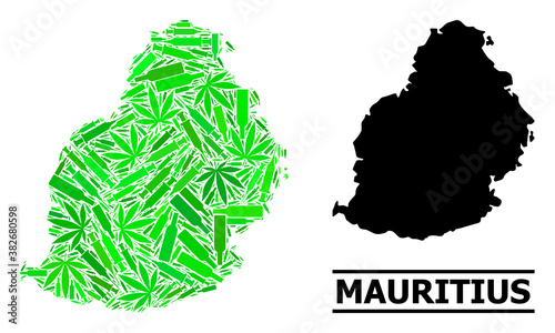 Drugs mosaic and usual map of Mauritius Island. Vector map of Mauritius Island is created with random inoculation icons, addict and alcoholic bottles.