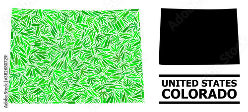 Drugs mosaic and solid map of Colorado State. Vector map of Colorado State is organized of scattered vaccine doses, marijuana and alcohol bottles.