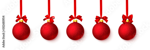 Red shiny glitter glowing Christmas ball with red bow. Xmas glass ball. Holiday decoration template. Vector illustration