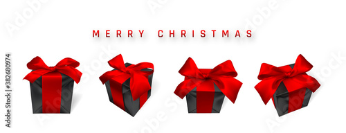 Realistic black christmas gift box with red bow isolated on white background. Vector illustration