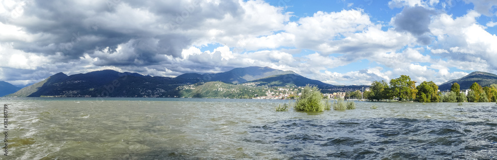 wide panorama of the Lake Maggiore in flood after the storm