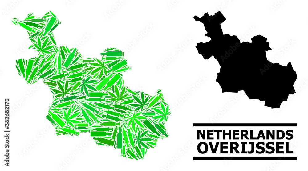 Obraz premium Drugs mosaic and usual map of Overijssel Province. Vector map of Overijssel Province is shaped with randomized vaccine doses, herbal and alcoholic bottles.